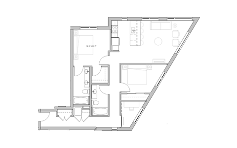 floor plan of the apartment with bedroom and living room on the second floor